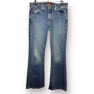 Vintage Y2K LEI Size 11 Mid Rise Distressed Medium Wash Denim Slight Flare Jeans